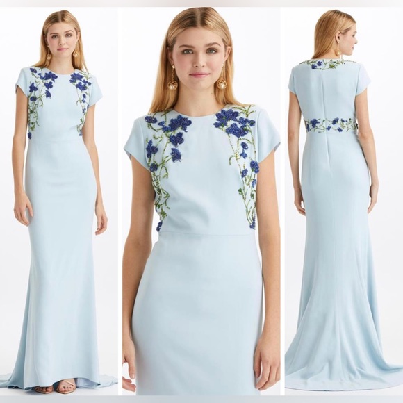 Oscar De La Renta Blue Crystal Beaded And Embroidered Floral Gown Long Dress